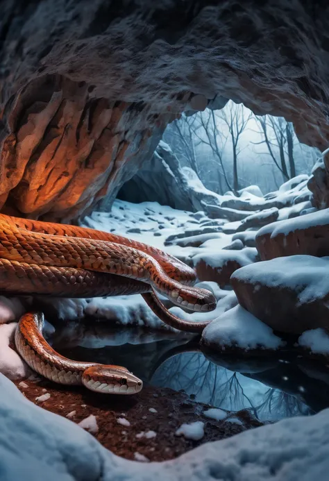 winter cave, Hibernating snake, panoramic, Ultra high saturation, bright and vivid colors, intricate, (best quality, masterpiece, Representative work, official art, Professional, 8k)