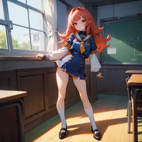 1 chica anime pelirroja pelo largo con pechos medianos muslos gruesos ojos azules  mini uniforme escoar, miniskirt mini top mini tight white panties exposed full body legs apart sexually suggestive pose standing in a classroom looking tender