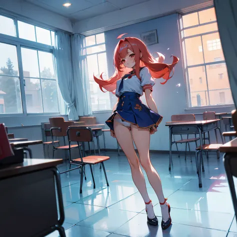 1 chica anime pelirroja pelo largo con pechos medianos muslos gruesos ojos azules  mini uniforme escoar, miniskirt mini top mini tight white panties exposed full body legs apart sexually suggestive pose standing in a classroom looking tender