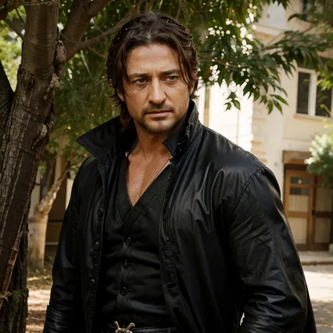 Gerard butler bajo un arbol de cerezos con      cabello muy largo samurai 