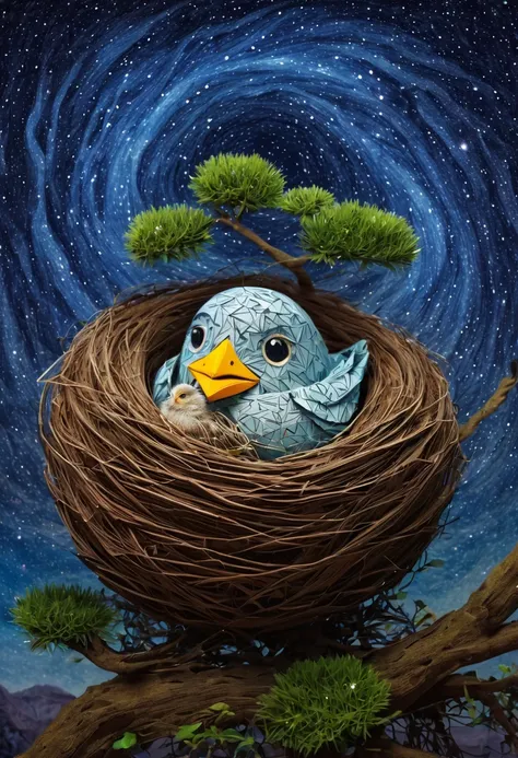 a newborn bird, the bird is abnormally fat and the nest is located in a bonsai, the nest breaks due to the weight of the chick and the chick falls, in a pot, surreal, funny, comic, starry sky, zentangle, origami, cinematic, emotional, epic, vincent van gog...