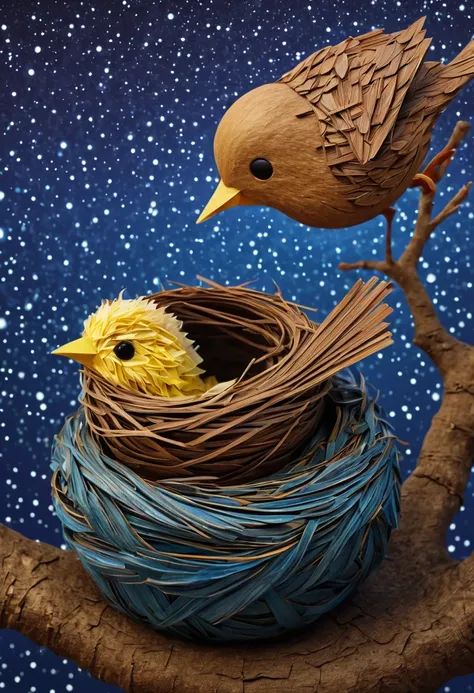 a newborn bird, the bird is abnormally fat and the nest is located in a bonsai, the nest breaks due to the weight of the chick and the chick falls, in a pot, surreal, funny, comic, starry sky, zentangle, origami, cinematic, emotional, epic, vincent van gog...