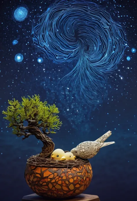 a newborn bird, the bird is abnormally fat and the nest is located in a bonsai, the nest breaks due to the weight of the chick and the chick falls, in a pot, surreal, funny, comic, starry sky, zentangle, origami, cinematic, emotional, epic, vincent van gog...