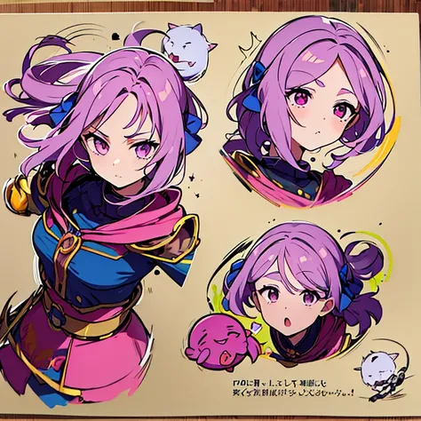 Personagem feminino,cabelo longo,cheio e ondulado de cor castanho escuro, seus olhos castanhos escuro, cor da pele parda, in anime version, de cores das veste branca, with pink and lilac details, em desenho flores, uma personagem feminina estilo anime e um...