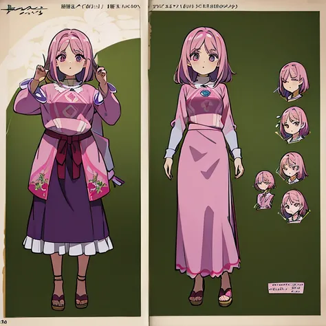 Personagem feminino,cabelo longo,cheio e ondulado de cor castanho escuro, seus olhos castanhos escuro, cor da pele parda, in anime version, de cores das veste branca, with pink and lilac details, em desenho flores, uma personagem feminina estilo anime e um...