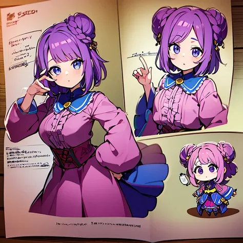 Personagem feminino,cabelo longo,cheio e ondulado de cor castanho escuro, seus olhos castanhos escuro, cor da pele parda, in anime version, de cores das veste branca, with pink and lilac details, em desenho flores, uma personagem feminina estilo anime e um...