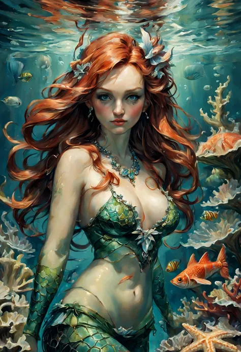 oil painting, masterpiece, best quality, full body portrait of a beautiful 25-year-old mermaid girl with long red hair, (highest detailed face), swimming under the sea, among the high deep green algaes and sea fishes, her body is naked, her tail is covered...