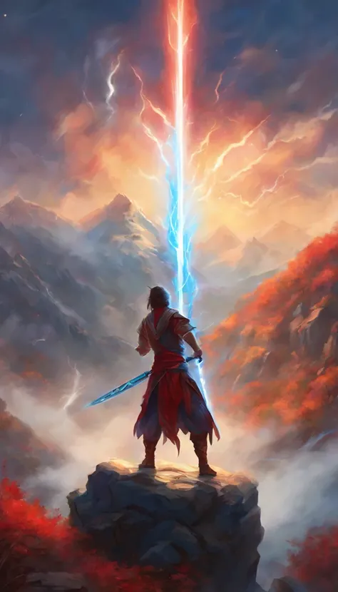 ((master piece))Tai chi student wielding a sword and blue lightning, In the wilderness, High mountain, mountains in the distance. tai chi student, wielding lightning and silver sword, red glowing eyes. 