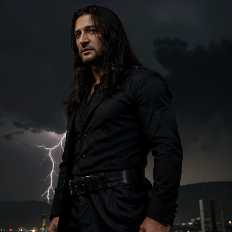 Gerard Butler with very long black hair with a serious expression and lightning in the night sky