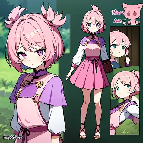 Personagem feminino,cabelo longo,cheio e ondulado de cor castanho escuro, seus olhos castanhos escuro, cor da pele parda, in anime version, de cores das veste branca, with pink and lilac details, em desenho flores, uma personagem feminina estilo anime e um...