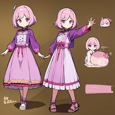 Personagem feminino,cabelo longo,cheio e ondulado de cor castanho escuro, seus olhos castanhos escuro, cor da pele parda, in anime version, de cores das veste branca, with pink and lilac details, em desenho flores, uma personagem feminina estilo anime e um...