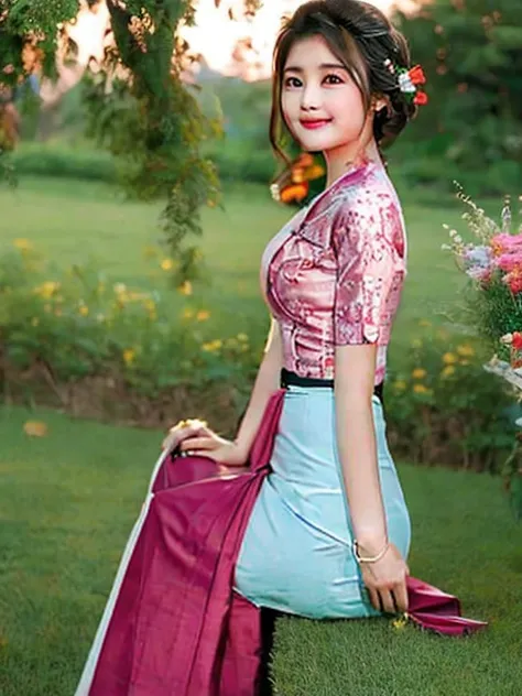  Myanmar 1girl. The background is Bagan pagodas, Myan mar