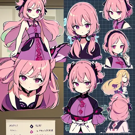 Personagem feminino,cabelo longo,cheio e ondulado de cor castanho escuro, seus olhos castanhos escuro, cor da pele parda, in anime version, de cores das veste branca, with pink and lilac details, em desenho flores, uma personagem feminina estilo anime e um...