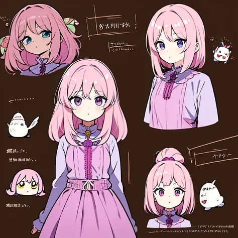 Personagem feminino,cabelo longo,cheio e ondulado de cor castanho escuro, seus olhos castanhos escuro, cor da pele parda, in anime version, de cores das veste branca, with pink and lilac details, em desenho flores, uma personagem feminina estilo anime e um...