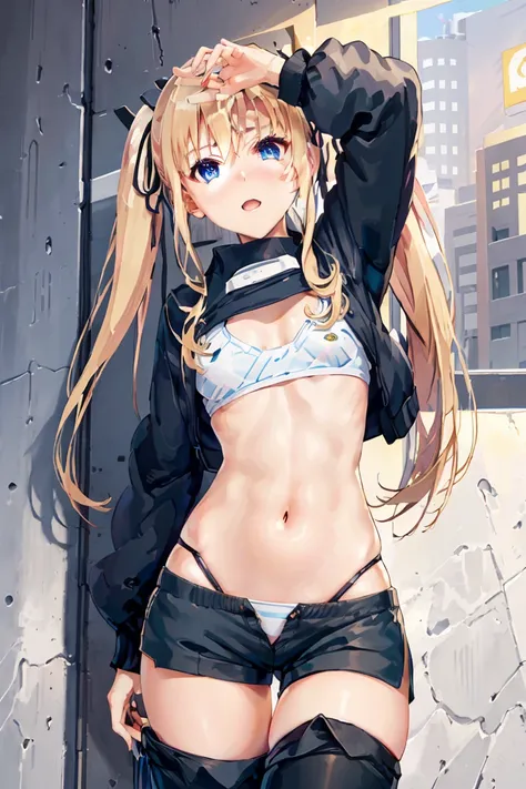 最高masterpiece,highest resolution,8k,Japanese anime,ticker_eriri, 1 girl, sawamura spencer eriri, alone, Thighhighs, blonde hair, twin tails, blue eyes, tooth, long hair, shorts, open your mouth, black Thighhighs, smile, letterman Jacket, hair ribbon, :d, J...