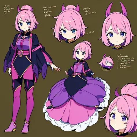 Personagem feminino,cabelo longo,cheio e ondulado de cor castanho escuro, seus olhos castanhos escuro, cor da pele parda, in anime version, de cores das veste branca, with pink and lilac details, em desenho flores, uma personagem feminina estilo anime e um...