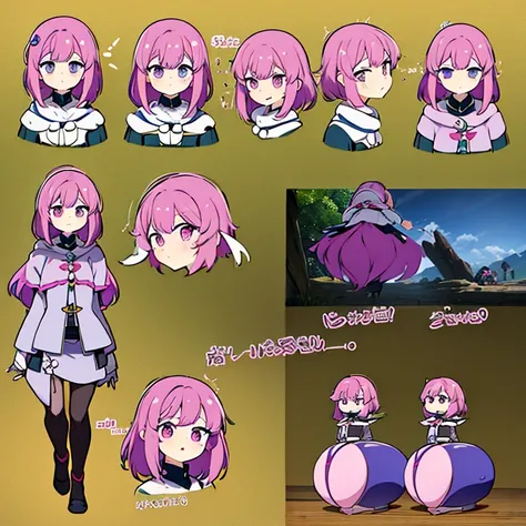 Personagem feminino,cabelo longo,cheio e ondulado de cor castanho escuro, seus olhos castanhos escuro, cor da pele parda, in anime version, de cores das veste branca, with pink and lilac details, em desenho flores, uma personagem feminina estilo anime e um...