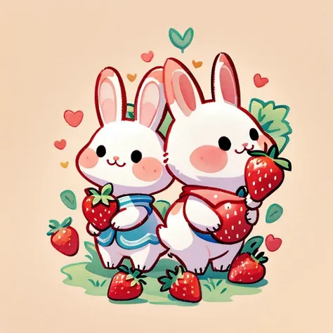 Rabbit holding strawberry，watercolor，Q version，cute，Childrens picture book style，meticulous，flat style，children illustration，Hand Painted