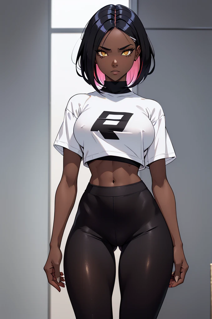 dark skin,1 girl,((multicolored hair, black hair, white hair)), 1 girl, two-tone hair, black on top, white on bottom 1 gilr, ,perfect anatomy girl muscular girl toned body girl large breasts girl thick girl angry girl best quality girl black hair girl yell...