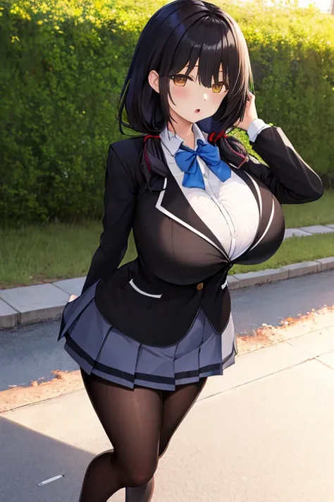 masterpiece, best quality, highres, 1girl, bbkurumi, long hair, heterochromia, low twintails, school uniform, black jacket, pleated skirt, blue skirt, black pantyhose, grass, wariza, filed, loafers, :o , big breasts, huge big breasts,huge large breasts, (l...