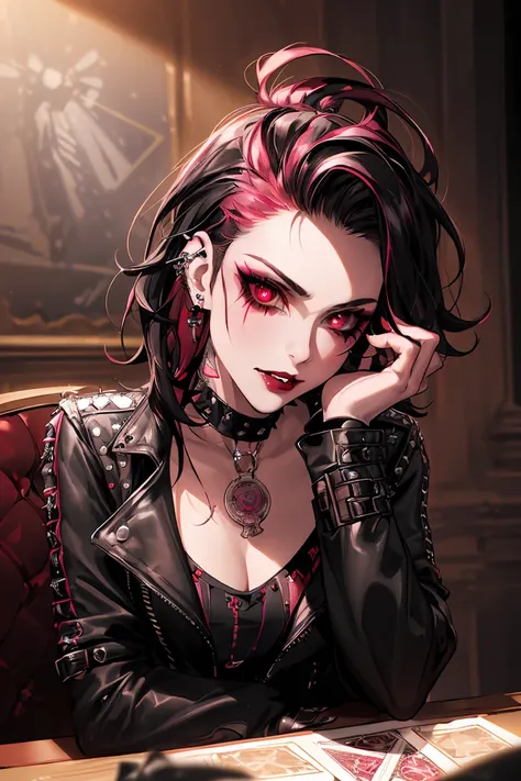 1girl, (masterpiece, best quality: 1.2), 8k, official art, absurdres, gothic, studded leather jacket and choker, pierced earrings, (smoky red eye shadow with glitter, pinkish red lips glazed :0. 9), very dark red background, HDR, facelight, ultra realistic...