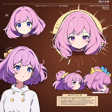 Personagem feminino,cabelo longo,cheio e ondulado de cor castanho escuro, seus olhos castanhos escuro, cor da pele parda, in anime version, de cores das veste branca, with pink and lilac details, em desenho flores, uma personagem feminina estilo anime e um...