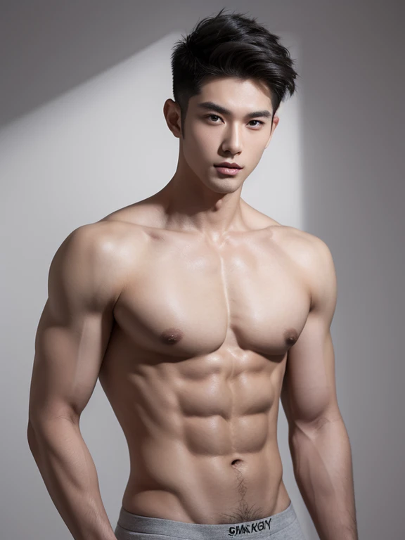 Asian male model in a briefs, Full Body Shoot, Quiff haircut, look at camera, detailed facial parts, Manly, Charmer, Active Boy, stand in front of gray background, Freestyle Pose, Happy Expression, perfect anatomy, symmetric body, asian boy 19 years old, s...