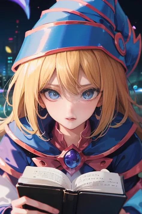 dark magician girl, masterpiece, highest quality, (1 girl), alone, (water), long hair, blonde hair, blue hat, wizard hat, Spell casting, city, city:2, motion blur, Book, magic, (moonlight:1.2), chromatic aberration, Depth of bounds written, soft lighting, ...