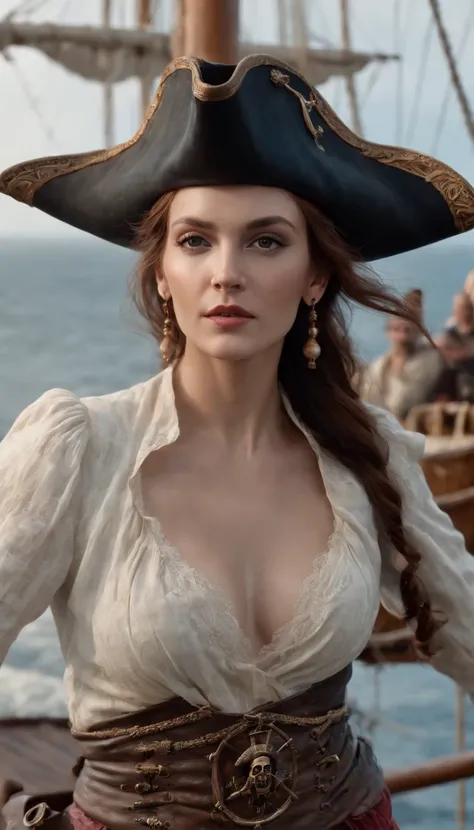 (8k, melhor qualidade, obra de arte: 1.2), fotorrealismo, A realistic female pirate head with hair flying in the wind, foto real, decote dos seios aparente(((black tricorn hat))), ((logotipo pirata caveira)) , (em um navio pirata: 1.50), olhos, (((noite)))...