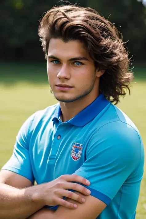 brunet boy, football player, 21 years old, inoccent face, natural wave hair, blue eyes