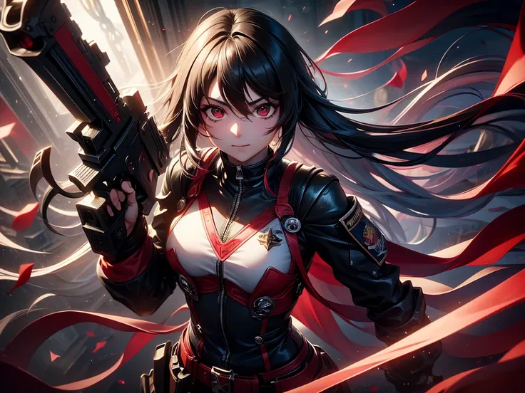 Estilo anime, ( tall 25 year old girl), ( cabello corto de color negro),( ojos de color rojos), pechos grandes, mirada feliz, porta una armadura militar negro con blanco, en su mano porta una pistola, esta con un grupo de marines luchado contra zombies mut...