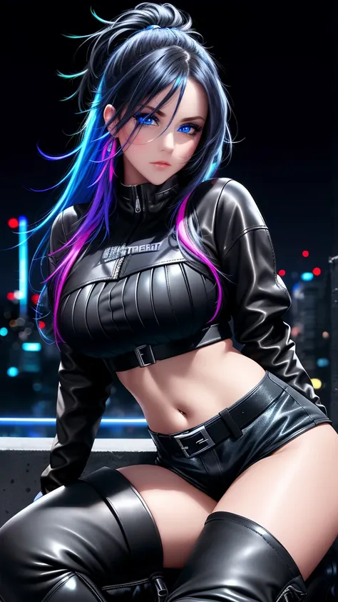 beautiful girl, full body, bright blue neon streaked dishevelled hair, ((large light realistic detailed eyes:1.3)), ((seductive pose:1.5)), black eyeshadow, (street style wear:1.2), ((tight fitted short pants)), ((thigh high leather boots:1.3)), ((dark cit...