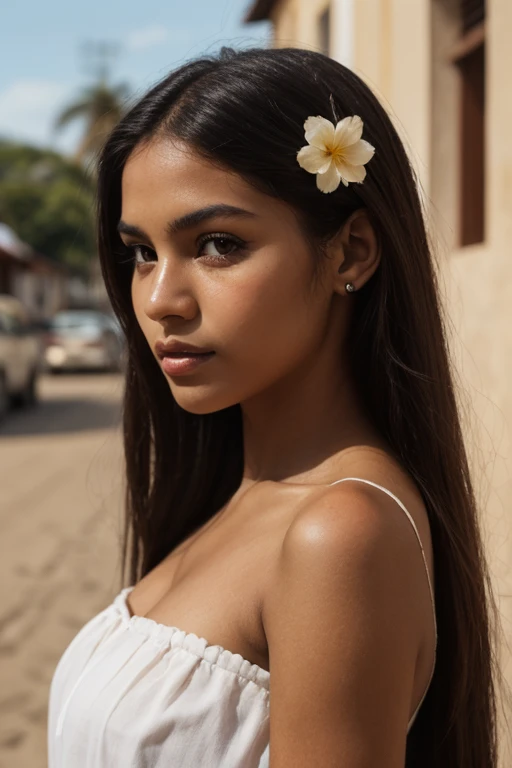 ((dark brown skin)), ((pretty face)), straight hair, natural, long hair, very long hair, ((crystal brown eyes: 1.2)), detailed eyes, ((beautiful eyes)), ((art, Ultra HD, 8k)), depth of field, street in bahia brazil, necklines, focus on the eyes, portrait, ...