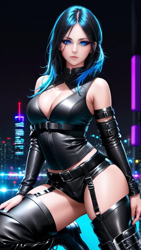 beautiful girl, full body, bright blue neon streaked dishevelled hair, ((large light realistic detailed eyes:1.3)), ((seductive pose:1.5)), black eyeshadow, (street style wear:1.2), ((tight fitted short pants)), ((thigh high leather boots:1.3)), ((dark cit...