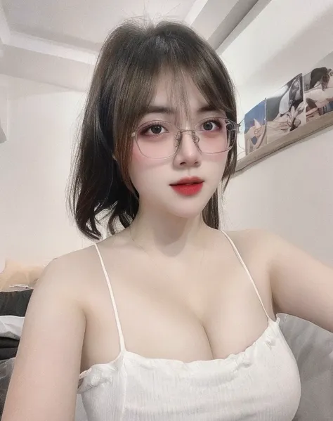 (realistic、masterpiece、Best Quality、8K、highres、high resolution:1.3)、1 glasses girl、glasses、Big breasts、white bikini、looking at viewers、super fine face and eyes、long hair、 in bedroom、sit on the bed、exposed cleavage、upper body、