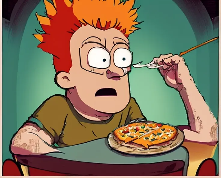 Steve from Aqua Teen Hunger Force eating Nachos Pizza watching Futurama on Theater, Orange Hair, spiked hair, big medium spiked mohawk, Yellow Eyewear, Orange Tracksuit, Surrealism, Aqua Teen Hunger Force Style, Artist: Kim Sujeong, Muse Dash Artwork