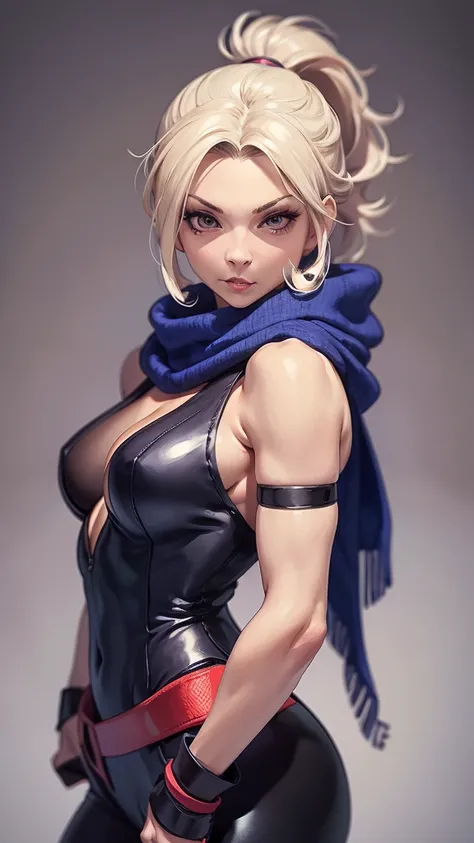 (masterpiece, best quality, chromatic lighting, professional quality),1girl, solo, blonde hair, high ponytail, realistic body proportions, looking at viewer, lips, seductive, leggings, long neck scarf, hip scarf, boxer, fighting pose, arm gauntlet, simple ...