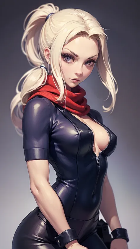 (masterpiece, best quality, chromatic lighting, professional quality),1girl, solo, blonde hair, high ponytail, realistic body proportions, looking at viewer, lips, seductive, leggings, long neck scarf, hip scarf, boxer, fighting pose, arm gauntlet, simple ...