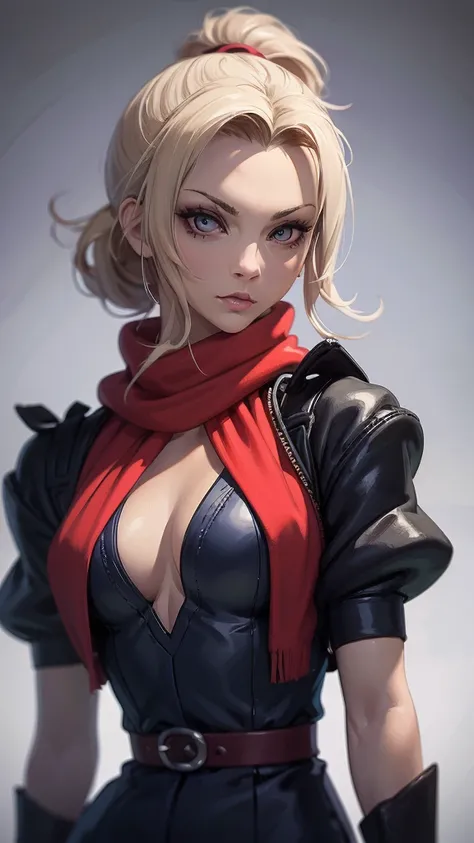 (masterpiece, best quality, chromatic lighting, professional quality),1girl, solo, blonde hair, high ponytail, realistic body proportions, looking at viewer, lips, seductive, leggings, long neck scarf, hip scarf, boxer, fighting pose, arm gauntlet, simple ...