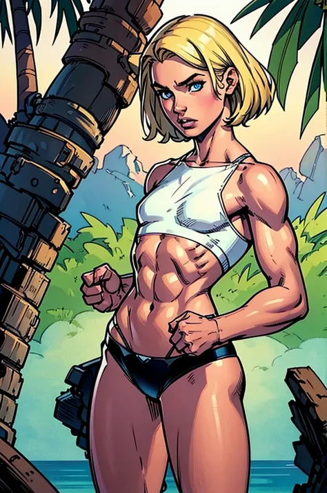 (masterpiece, high quality), 1girl, Caucasian, tomboy, slender, short blonde hair, blue eyes, 12-years-old, (tropical beach background), (black panties), white crop top, strong arms, muscular thighs, ripped muscles, six pack abs, muscle arms, muscular, fla...