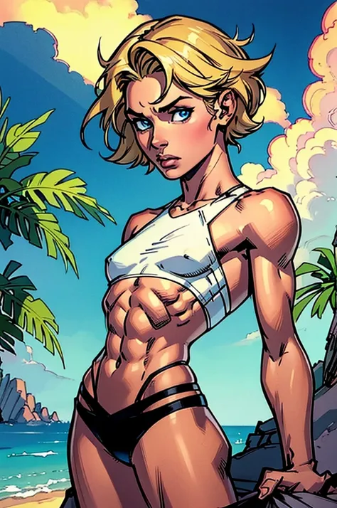 (masterpiece, high quality), 1girl, Caucasian, tomboy, slender, short spiky blonde hair, blue eyes, 10-years-old, (tropical beach background), (black panties), white crop top, strong arms, muscular thighs, ripped muscles, six pack abs, muscle arms, muscula...