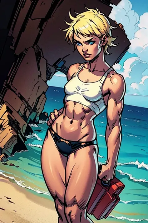 (masterpiece, high quality), 1girl, Caucasian, tomboy, slender, short spiky blonde hair, blue eyes, 10-years-old, (tropical beach background), (black panties), white crop top, strong arms, muscular thighs, ripped muscles, six pack abs, muscle arms, muscula...