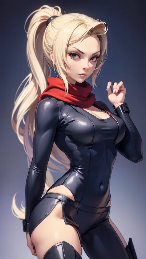 (masterpiece, best quality, chromatic lighting, professional quality),1girl, solo, blonde hair, high ponytail, realistic body proportions, looking at viewer, lips, seductive, leggings, long neck scarf, hip scarf, boxer, fighting pose, arm gauntlet, simple ...