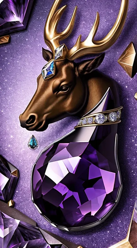 A cristal purple dark color in a shape of a horn elk. In the center above this Cristal have a ball of Onix diamond. This piece was in a background vault with stone texture