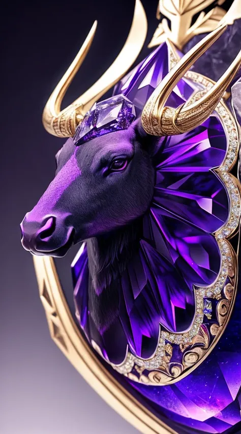 A cristal purple dark color in a shape of a horn elk. In the center above this Cristal have a ball of Onix diamond. This piece was in a background vault with stone texture