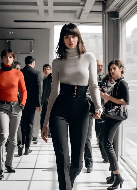 paparazzi shot of SCANTILY CLAD LISA, RAW portrait photo of beautiful young sks woman, Turtleneck bodysuit and high-waisted trousers, natural lighting, by Peter Lindbergh, detailed face, UHD, absurdres, epic scene composition, 
cinematic look, Fujifilm XT3...