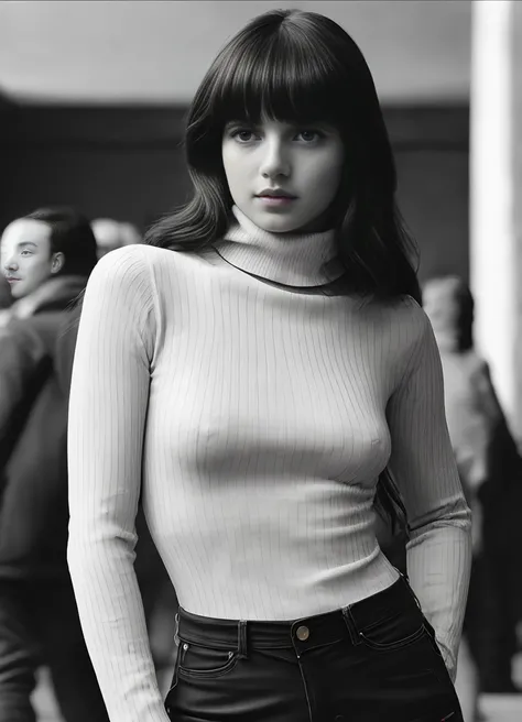 paparazzi shot of SCANTILY CLAD LISA, RAW portrait photo of beautiful young sks woman, Turtleneck bodysuit and high-waisted trousers, natural lighting, by Peter Lindbergh, detailed face, UHD, absurdres, epic scene composition, 
cinematic look, Fujifilm XT3...