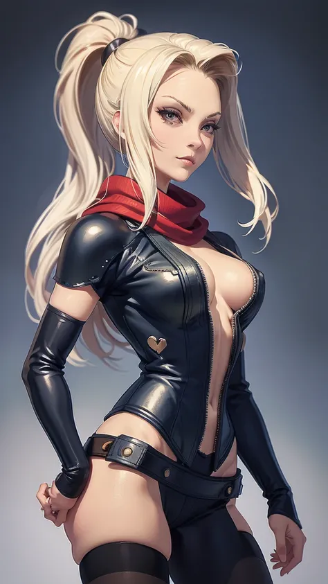 (masterpiece, best quality, chromatic lighting, professional quality),1girl, solo, blonde hair, high ponytail, realistic body proportions, looking at viewer, lips, leather leggings, padded armor, long neck scarf, long hip scarf, boxer, fighting pose, arm g...