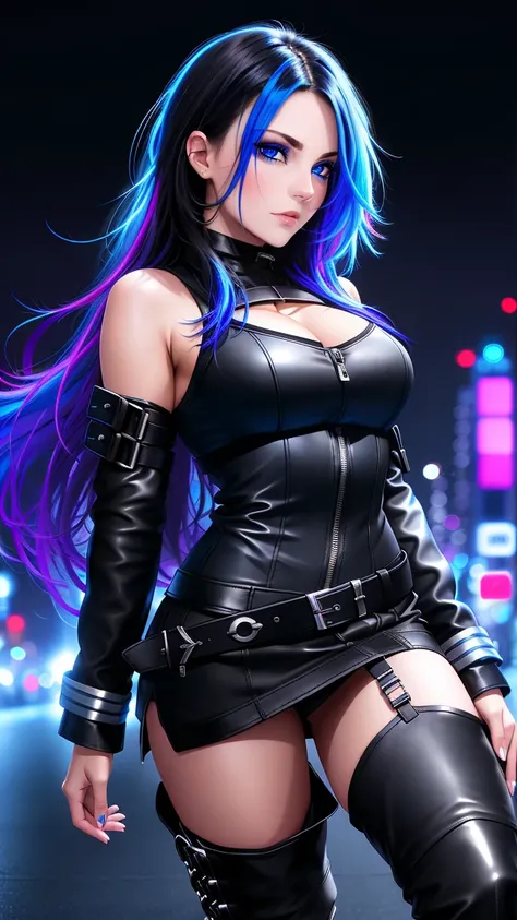 beautiful girl, full body, bright blue neon streaked dishevelled hair, ((large light realistic detailed eyes:1.3)), ((seductive pose:1.5)), black eyeshadow, (street style wear:1.2), ((tight fitted short skirt)), ((thigh high leather boots:1.3)), ((dark cit...