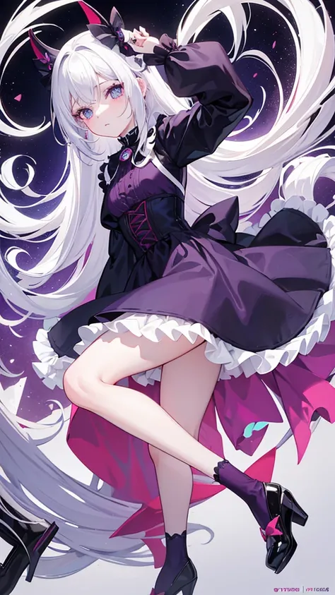 Una encantadora chica anime con cabello albino que cae en ondas hasta la cintura, sus ojos azules resaltan sobre su piel de porcelana. Ataviada con un vestido color guinda; a deep, dark purple red and shoes with tulle socks.